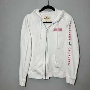 Hollister Hoodie Size  M Zip Front Hood Drawstring, White With Logo Sleeve Y2K